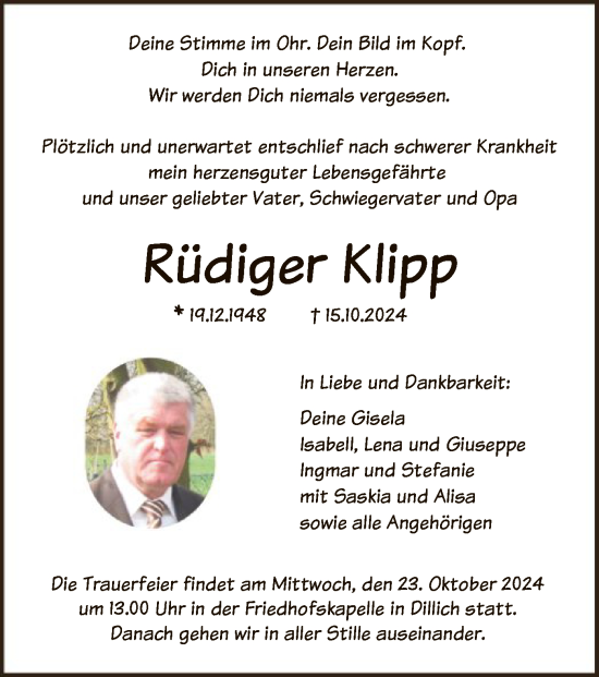 Traueranzeige von Rüdiger Klipp von HNA