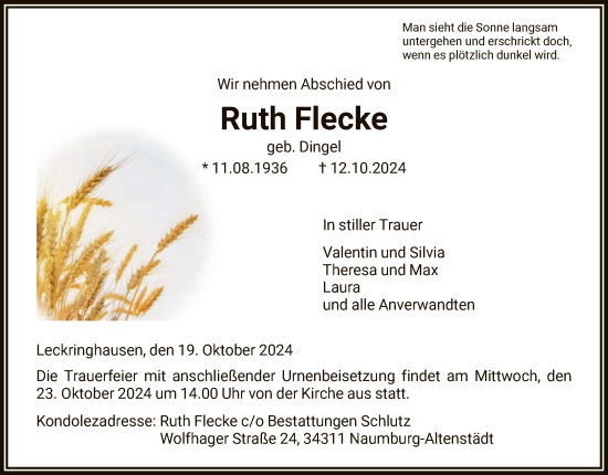 Traueranzeige von Ruth Flecke von HNA