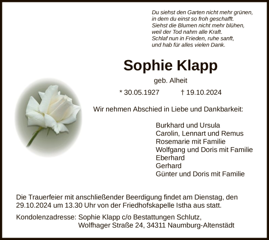 Traueranzeige von Sophie Klapp von HNA