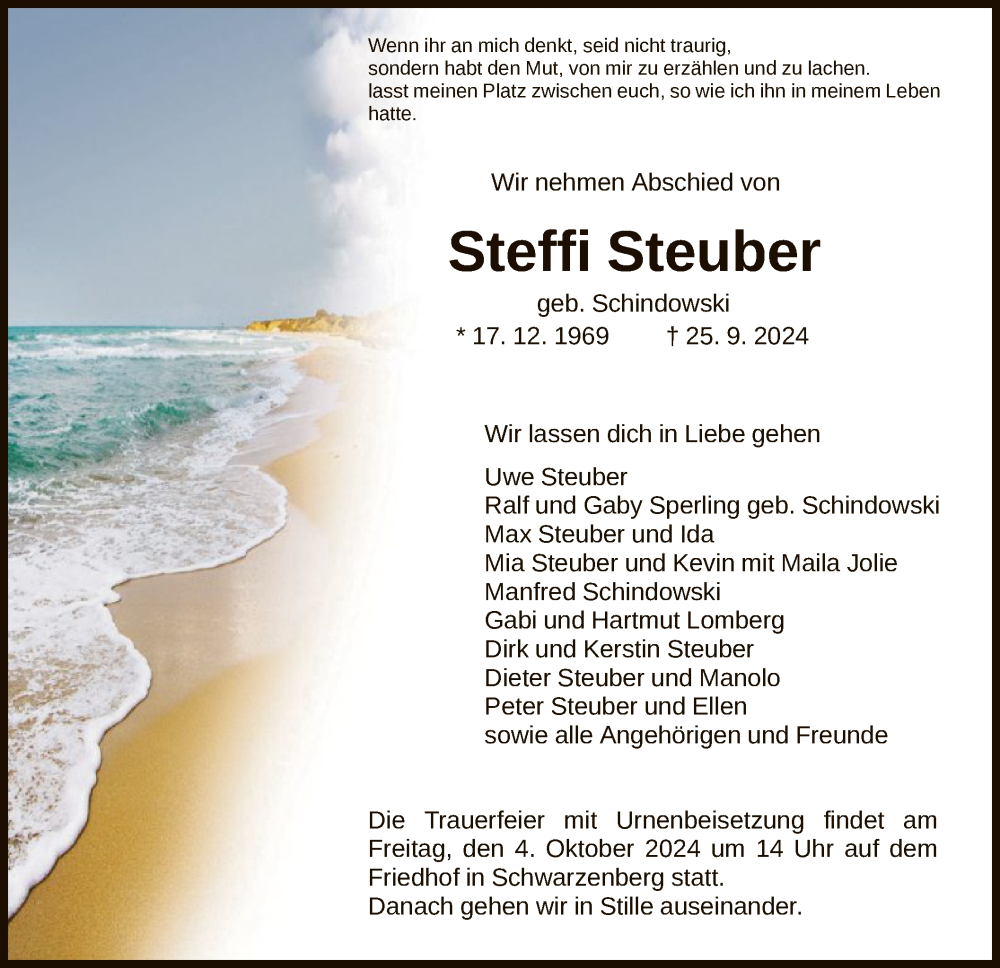  Traueranzeige für Steffi Steuber vom 01.10.2024 aus HNA