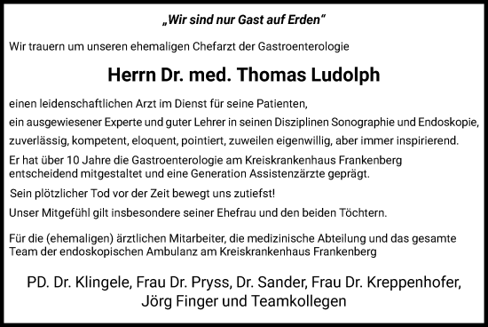 Traueranzeige von Thomas Ludolph von HNA