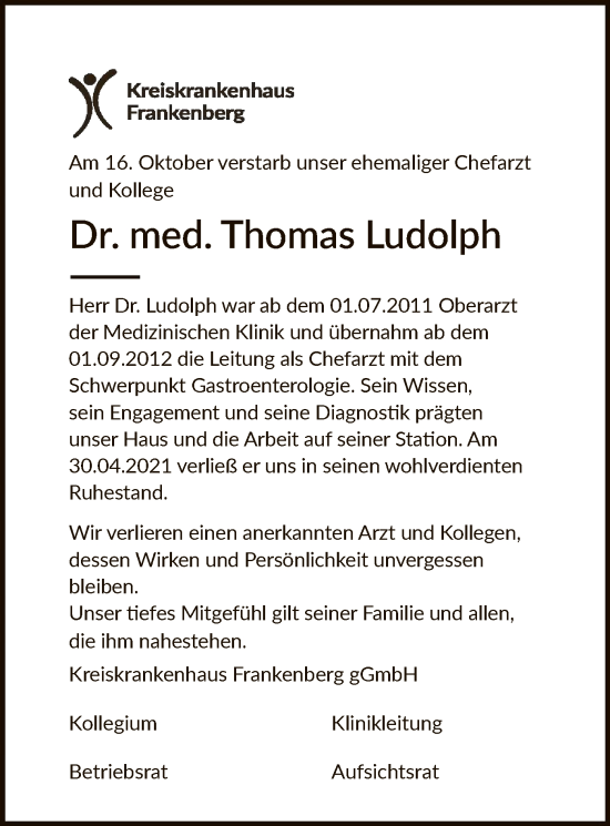 Traueranzeige von Thomas Ludolph von HNA