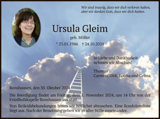 Traueranzeige von Ursula Gleim von HNA