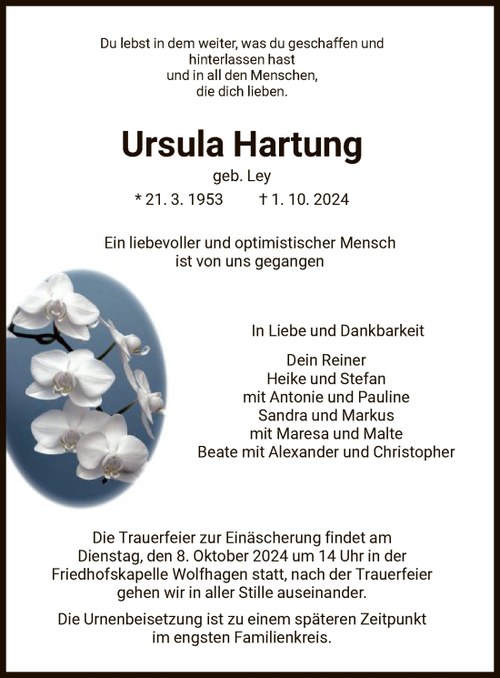 Traueranzeige von Ursula Hartung von HNA