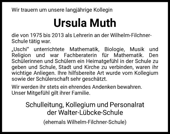 Traueranzeige von Ursula Muth von HNA