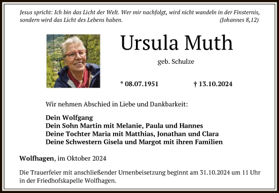 Traueranzeige von Ursula Muth von HNA