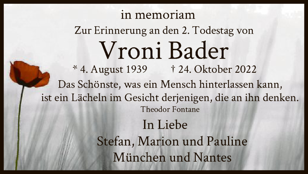  Traueranzeige für Vroni Bader vom 24.10.2024 aus HNA