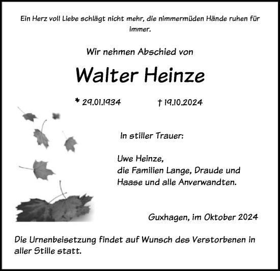 Traueranzeige von Walter Heinze von HNA