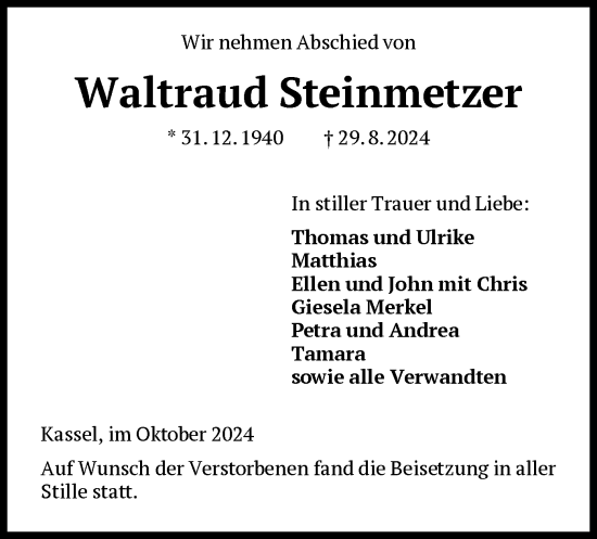 Traueranzeige von Waltraud Steinmetzer von HNA