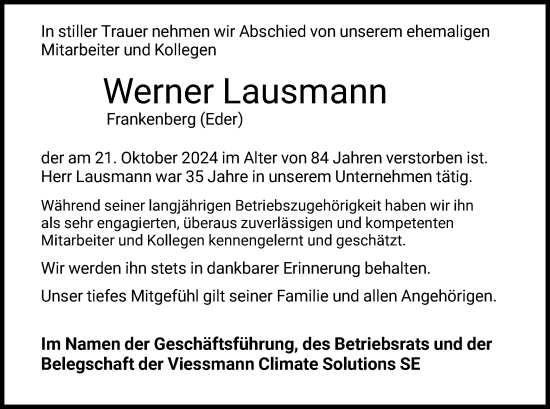 Traueranzeige von Werner Lausmann von HNA