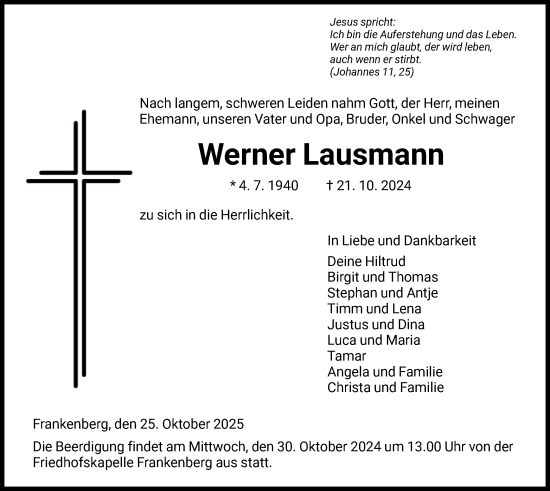 Traueranzeige von Werner Lausmann von HNA