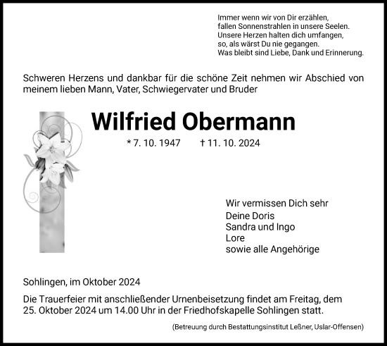 Traueranzeige von Wilfried Obermann von HNA