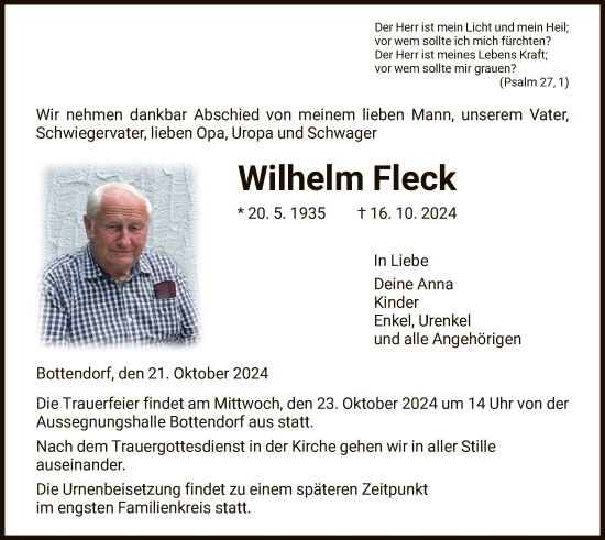 Traueranzeige von Wilhelm Fleck von HNA