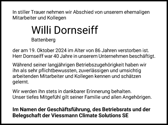 Traueranzeige von Willi Dornseiff von HNA