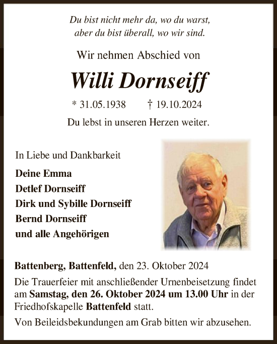 Traueranzeige von Willi Dornseiff von HNA