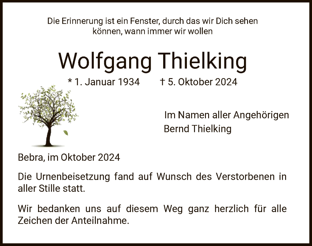  Traueranzeige für Wolfgang Thielking vom 19.10.2024 aus HNA