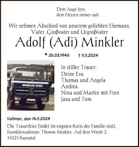 Traueranzeige von Adolf Minkler von HNA