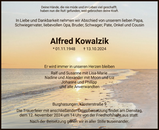 Traueranzeige von Alfred Kowalzik von HNA