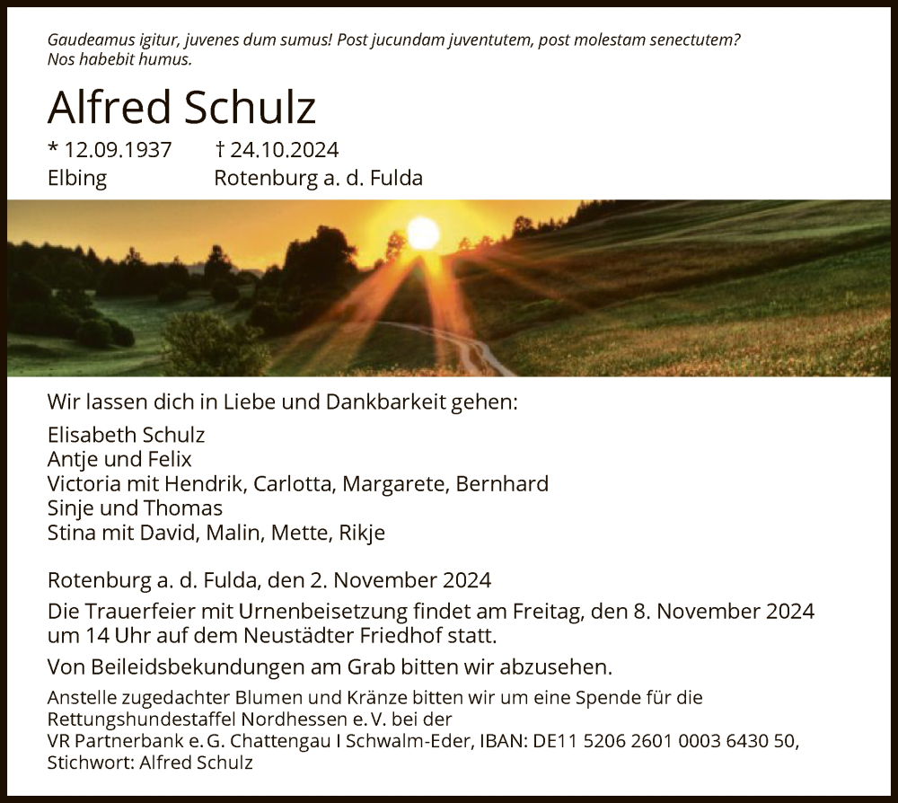  Traueranzeige für Alfred Schulz vom 02.11.2024 aus HNA