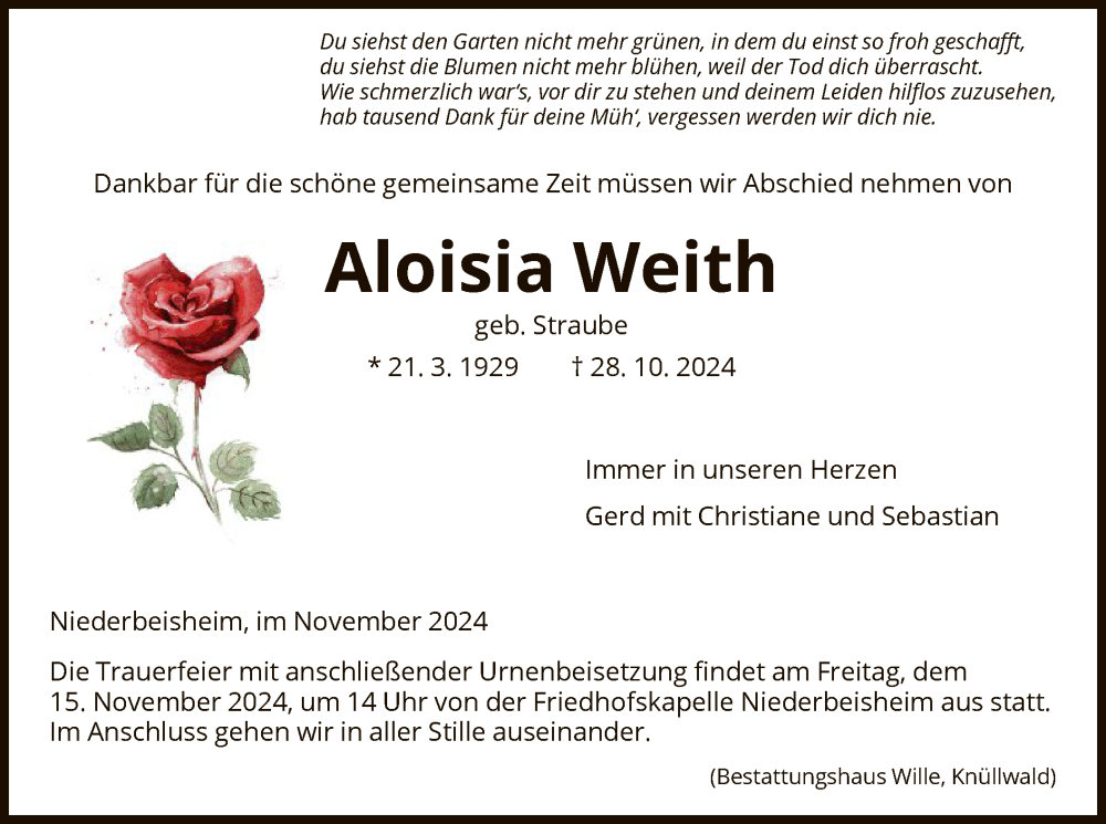  Traueranzeige für Aloisia Weith vom 09.11.2024 aus HNA