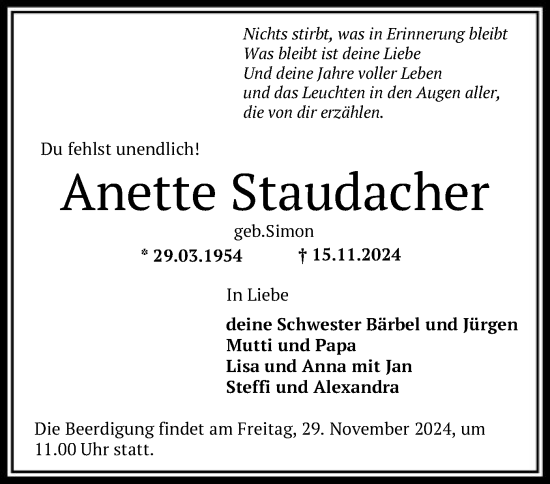 Traueranzeige von Anette Staudacher von HNA