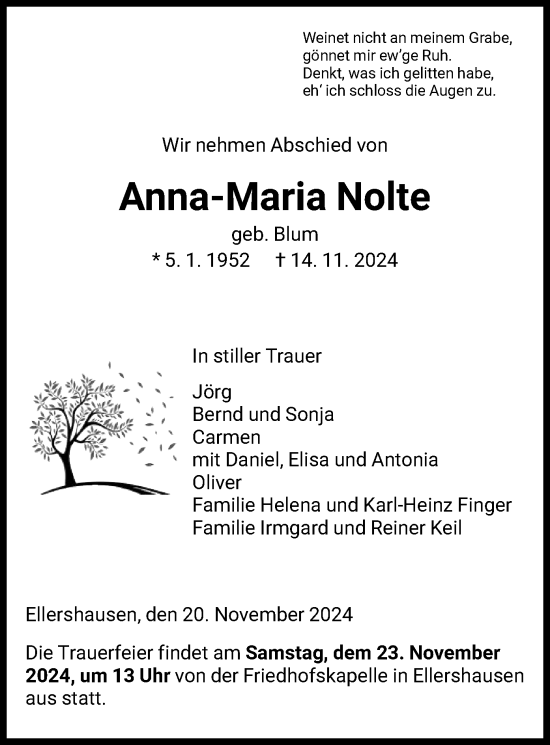 Traueranzeige von Anna-Maria Nolte von HNA