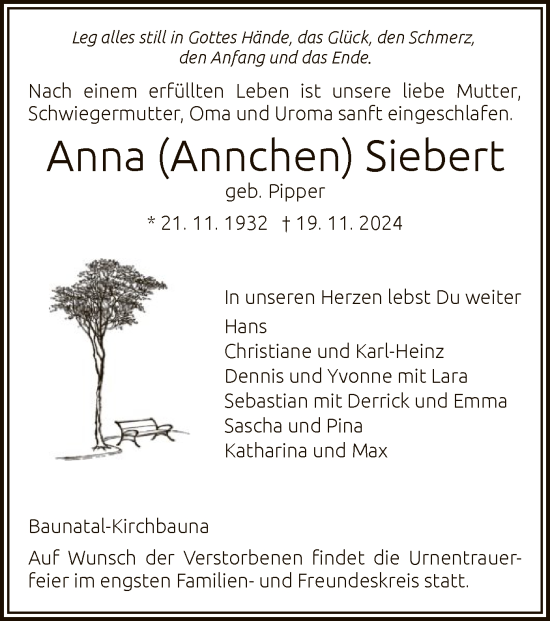 Traueranzeige von Anna Siebert von HNA