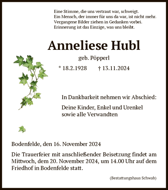 Traueranzeige von Anneliese Hubl von HNA