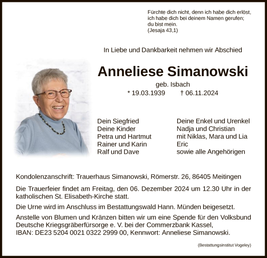 Traueranzeige von Anneliese Simanowski von HNA