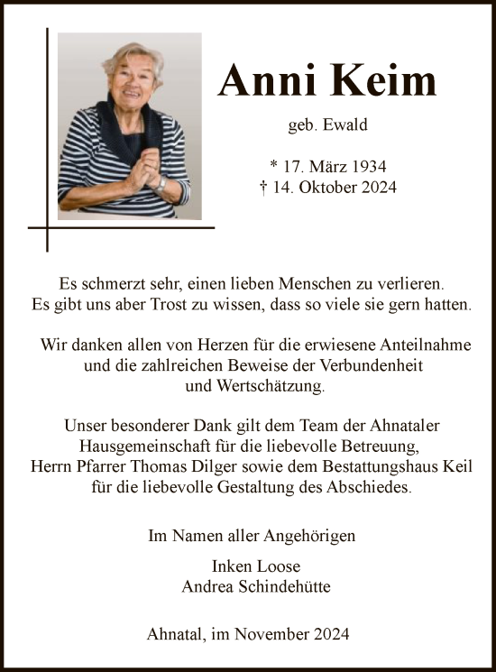 Traueranzeige von Anni Keim von HNA