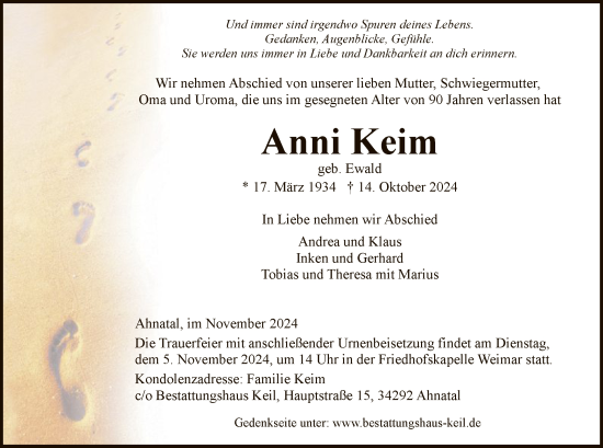 Traueranzeige von Anni Keim von HNA