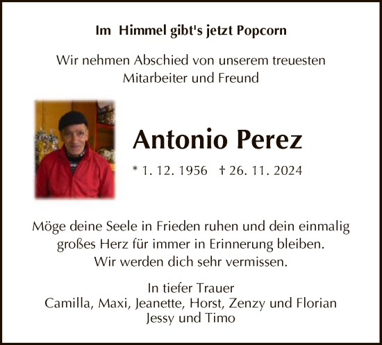 Traueranzeige von Antonio Perez von HNA