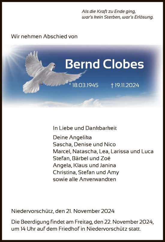 Traueranzeige von Bernd Clobes von HNAHNA