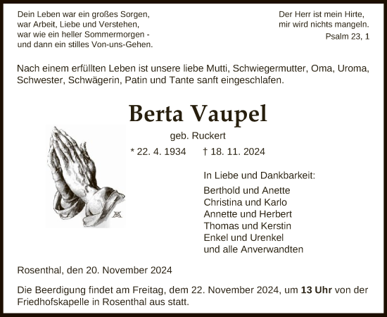 Traueranzeige von Berta Vaupel von HNA