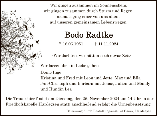 Traueranzeige von Bodo Radtke von HNA