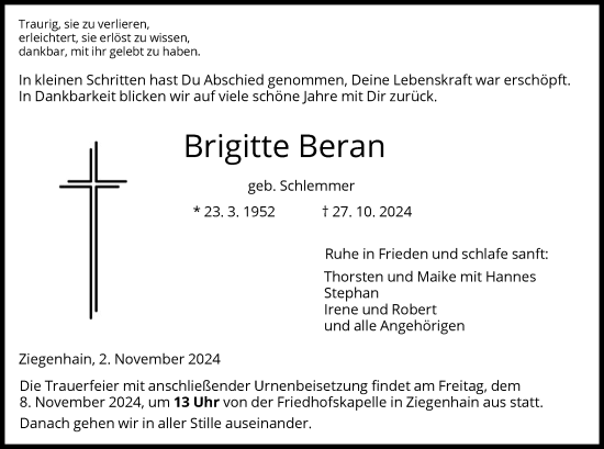 Traueranzeige von Brigitte Beran von HNA
