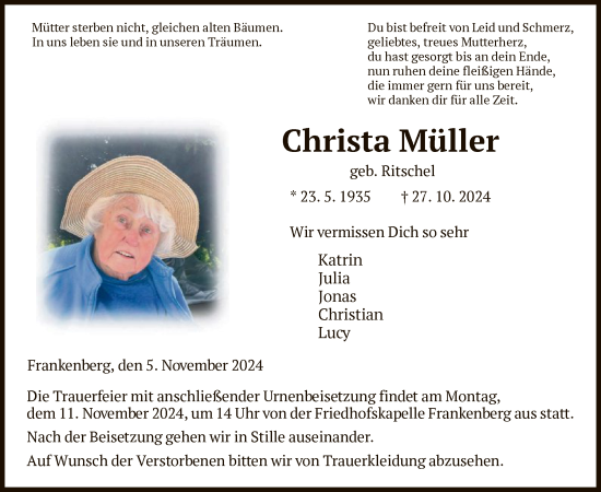 Traueranzeige von Christa Müller von HNA