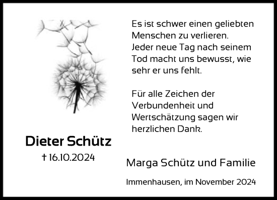 Traueranzeige von Dieter Schütz von HNA