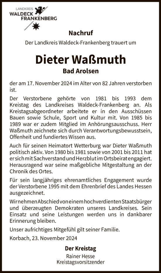 Traueranzeige von Dieter Waßmuth von WLZHNA