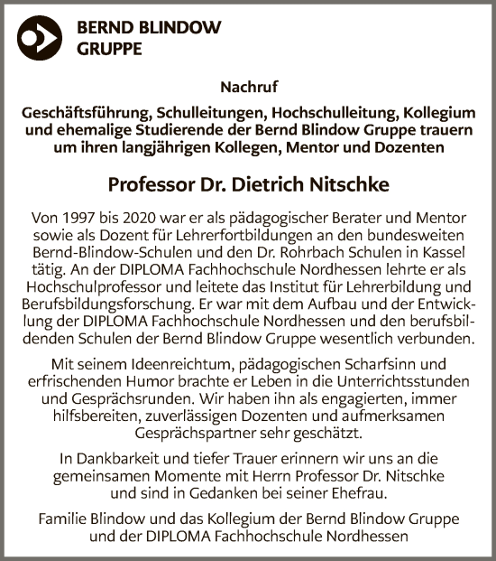 Traueranzeige von Dietrich Nitschke von HNA