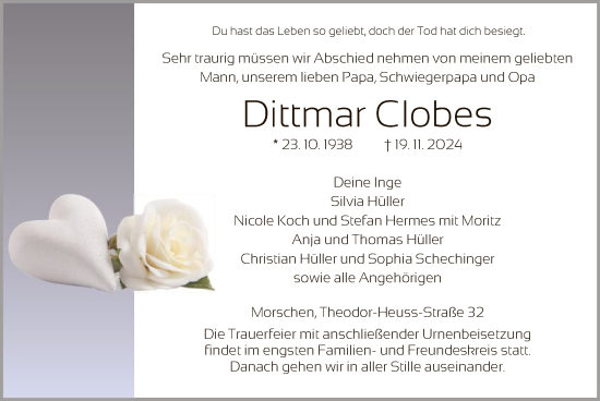 Traueranzeige von Dittmar Clobes von HNA