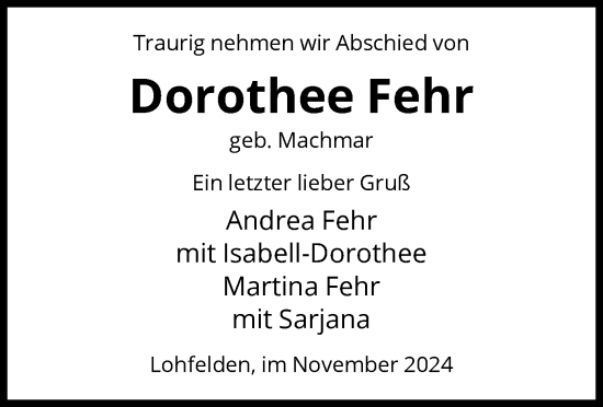 Traueranzeige von Dorothee Fehr von HNA