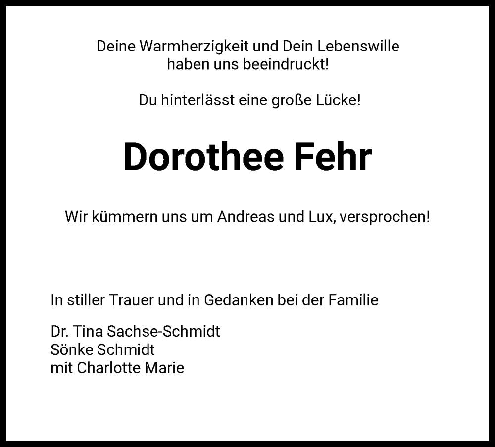  Traueranzeige für Dorothee Fehr vom 23.11.2024 aus HNA