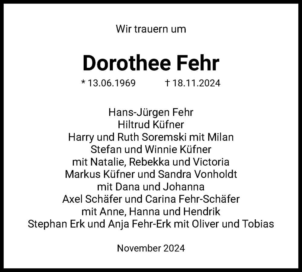  Traueranzeige für Dorothee Fehr vom 27.11.2024 aus HNA