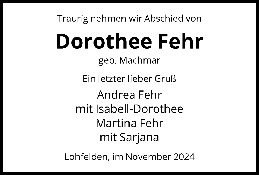  Traueranzeige für Dorothee Fehr vom 23.11.2024 aus HNA