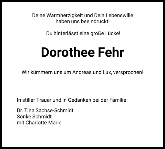 Traueranzeige von Dorothee Fehr von HNA