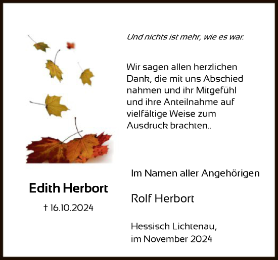 Traueranzeige von Edith Herbort von HNA