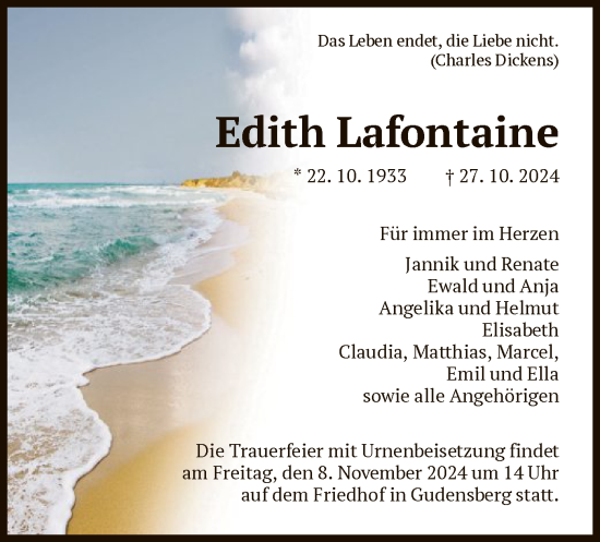Traueranzeige von Edith Lafontaine von HNA