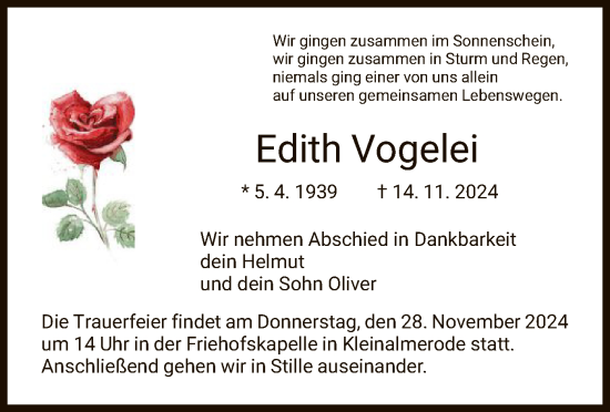 Traueranzeige von Edith Vogelei von HNA