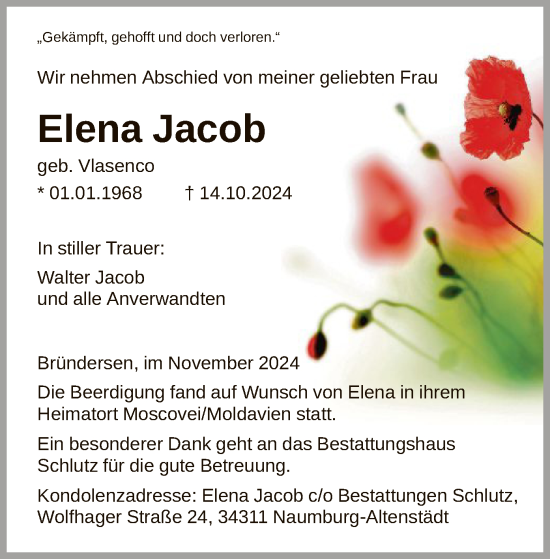 Traueranzeige von Elena Jacob von HNA